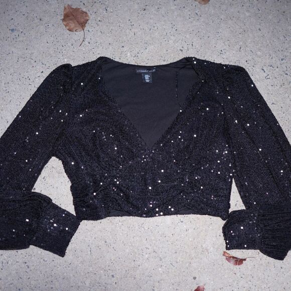 Sincerely Jules Bandier Sequin Top Black Deep V Long Sleeve Sz XL Party - Picture 8 of 13